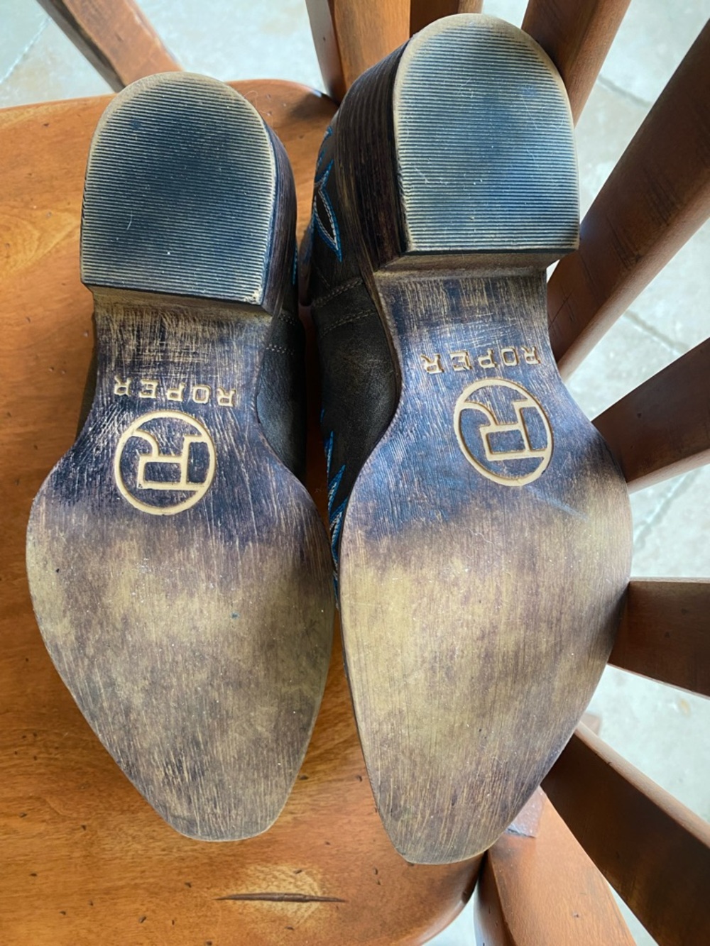 Roper Brown Leather Western Slip-On Boots with Blue Embroidery - Picture 6 of 9